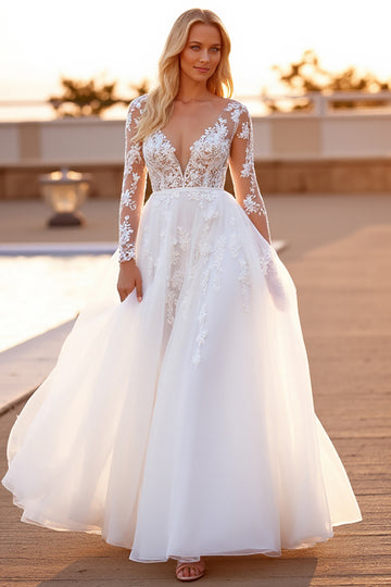 White Long Sleeve A Line Wedding Dress with Appliques
